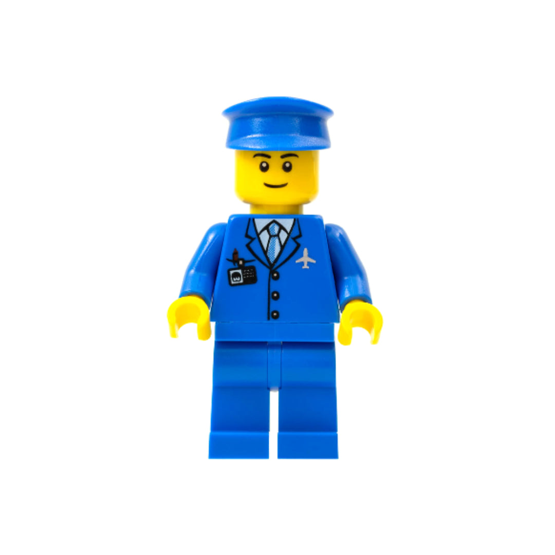 Minifigure Airport - Blue 3 Button Jacket and Tie, Blue Hat, Blue Legs, Black Eyebrows, air046a