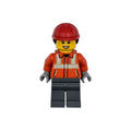 Minifigure Construction Worker - Female, Reddish Orange Safety Jacket with Reflective Stripes, Dark Bluish Gray Legs, Red Construction Helmet with Dark Brown Ponytail Hair, Hearing Aid, cty1789