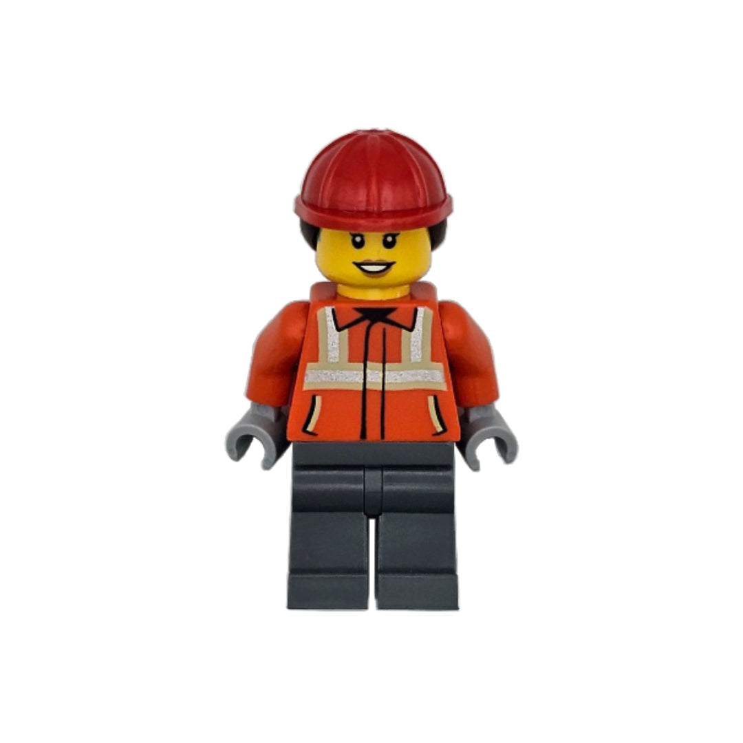 Minifigurka Construction Worker - Female, Reddish Orange Safety Jacket with Reflective Stripes, Dark Bluish Gray Legs, Red Construction Helmet with Dark Brown Ponytail Hair, Hearing Aid, cty1789